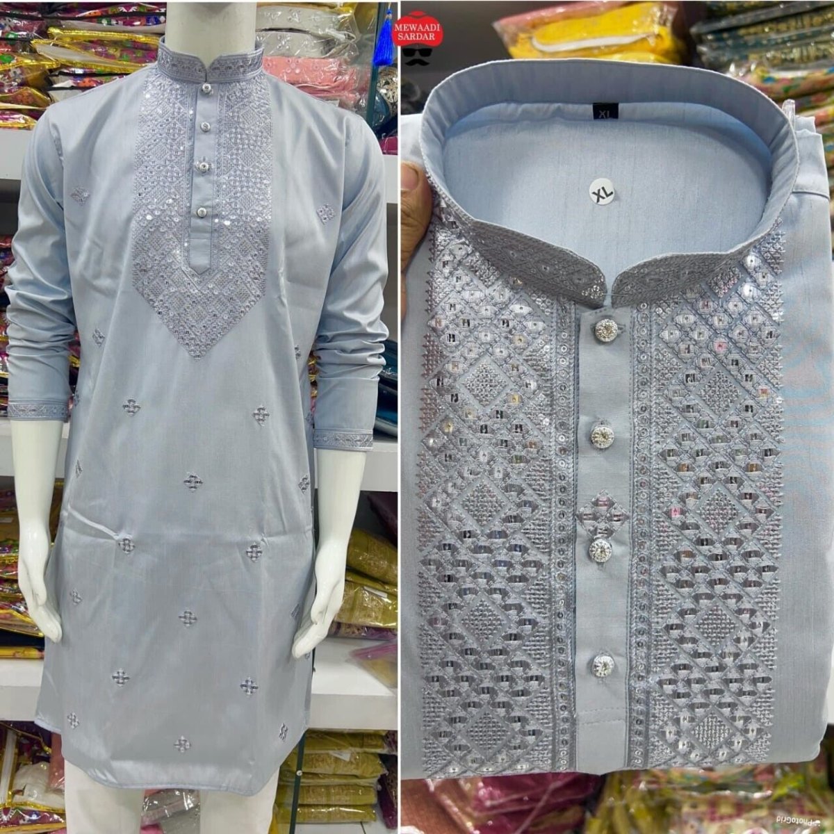 Indian Pakistani Silk Long Kurta Pajama Embroidery Readymade Men's Wedding Dress - 001FASHIONFORWARD