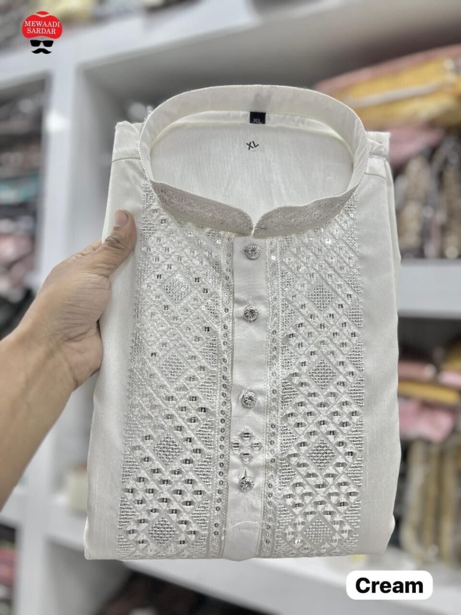 Indian Pakistani Silk Long Kurta Pajama Embroidery Readymade Men's Wedding Dress - 001FASHIONFORWARD
