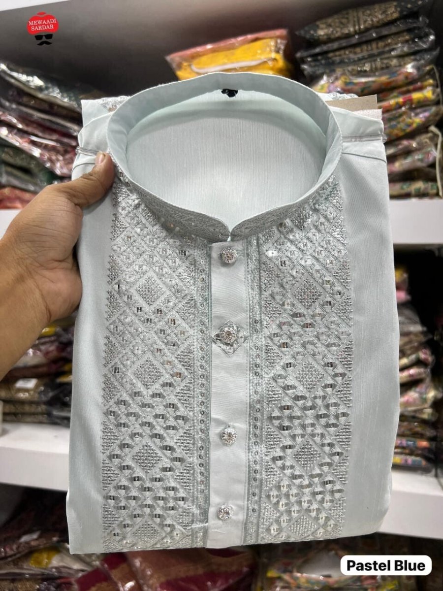 Indian Pakistani Silk Long Kurta Pajama Embroidery Readymade Men's Wedding Dress - 001FASHIONFORWARD