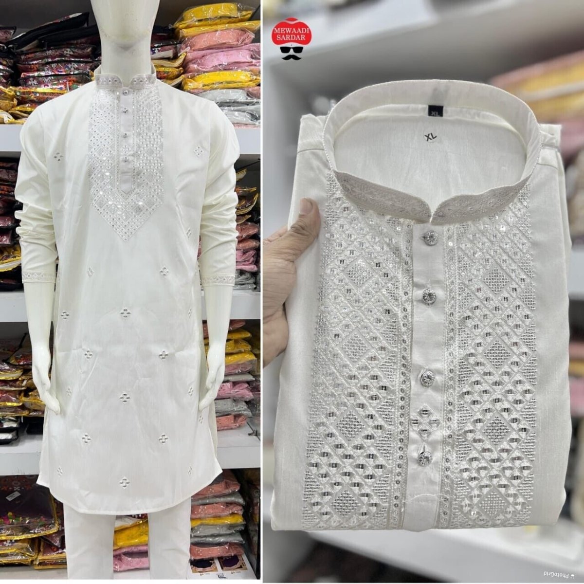 Indian Pakistani Silk Long Kurta Pajama Embroidery Readymade Men's Wedding Dress - 001FASHIONFORWARD