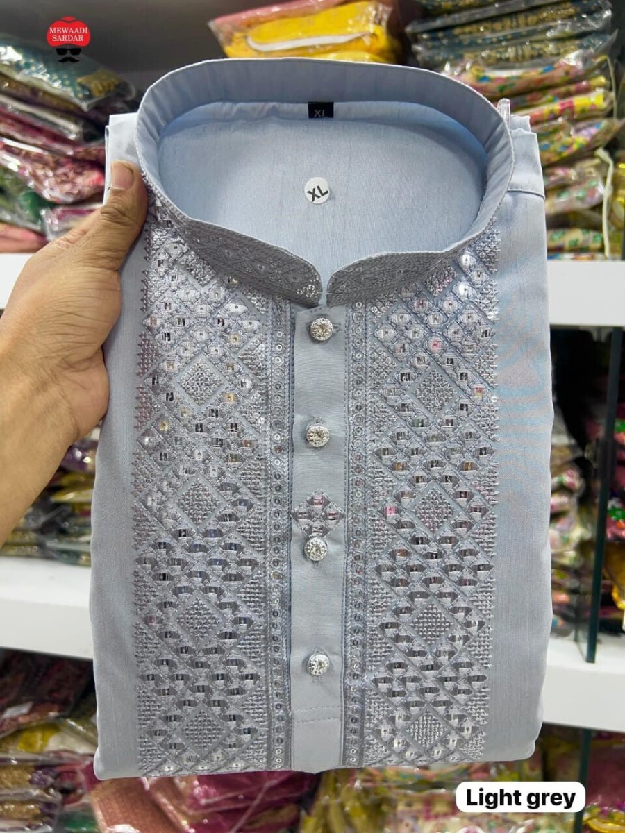 Indian Pakistani Silk Long Kurta Pajama Embroidery Readymade Men's Wedding Dress - 001FASHIONFORWARD