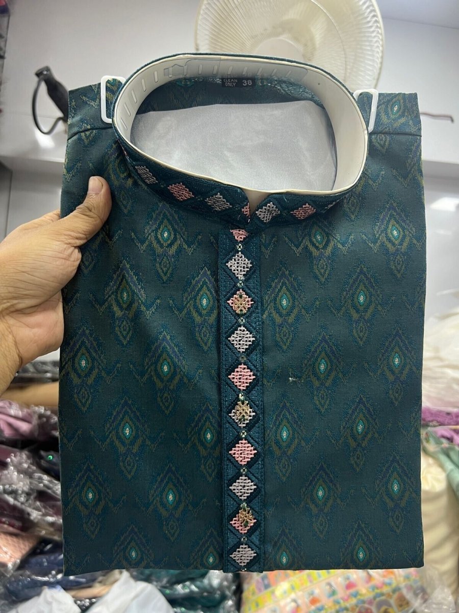 Indian Pakistani Silk Men Kurta Pajama Wedding Wear Partywear Long Kurta 2PC - 001FASHIONFORWARD