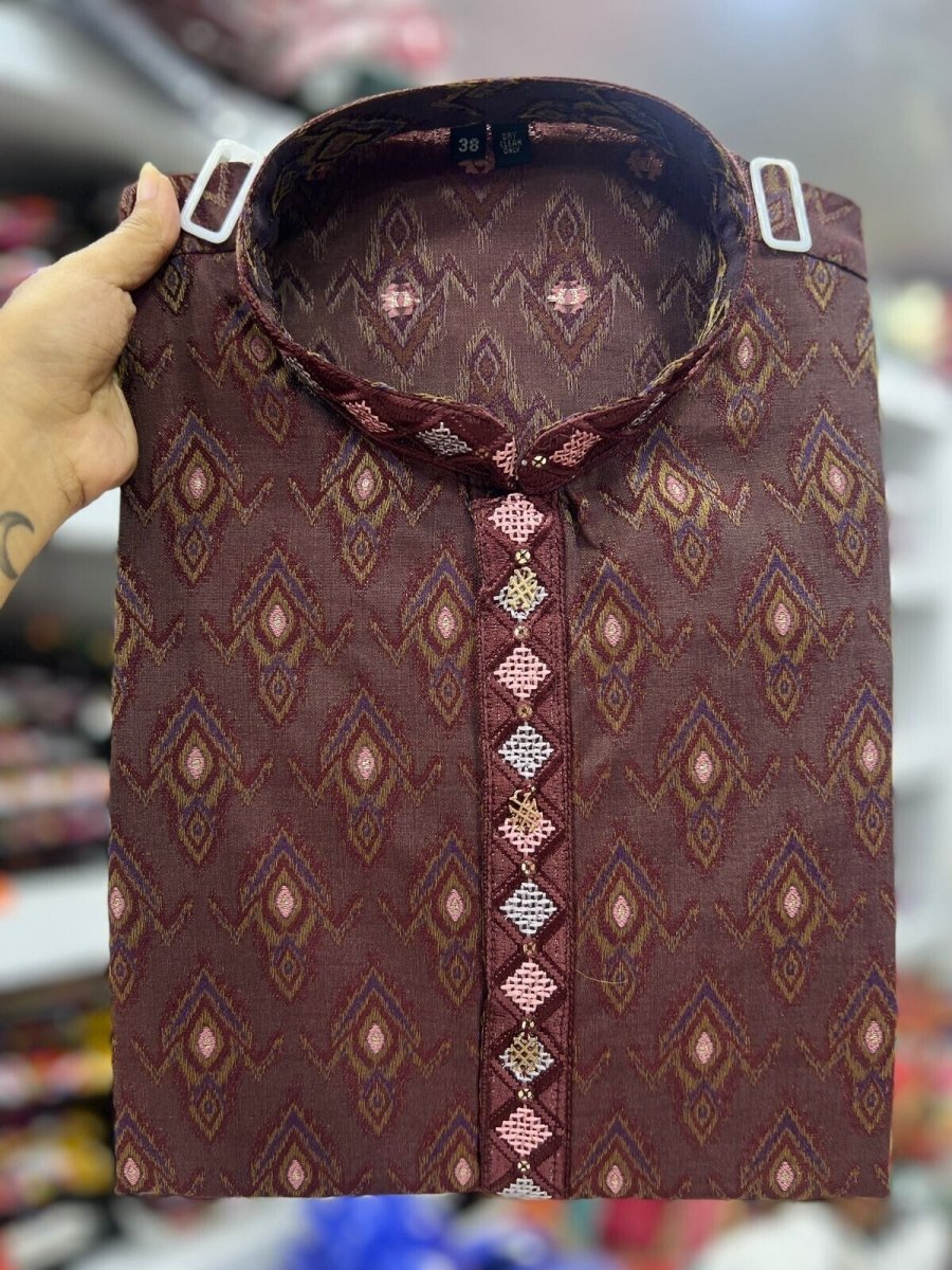 Indian Pakistani Silk Men Kurta Pajama Wedding Wear Partywear Long Kurta 2PC - 001FASHIONFORWARD