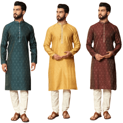 Indian Pakistani Silk Men Kurta Pajama Wedding Wear Partywear Long Kurta 2PC - 001FASHIONFORWARD