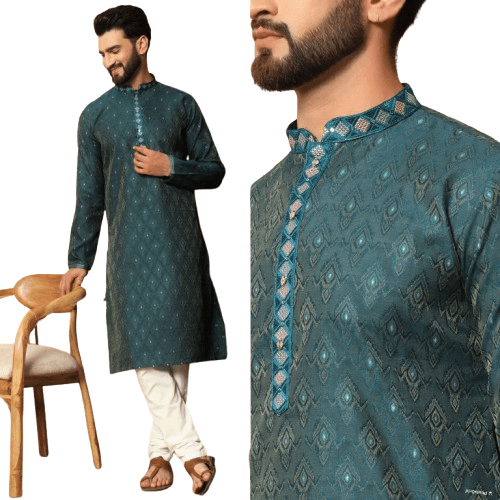 Indian Pakistani Silk Men Kurta Pajama Wedding Wear Partywear Long Kurta 2PC - 001FASHIONFORWARD