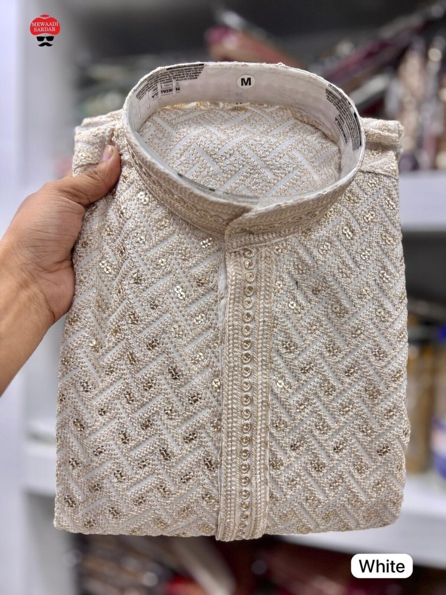Indian Party Wear Long Ethnic Men's Designer Chikankari Work Kurta Pajama Set - 001FASHIONFORWARD