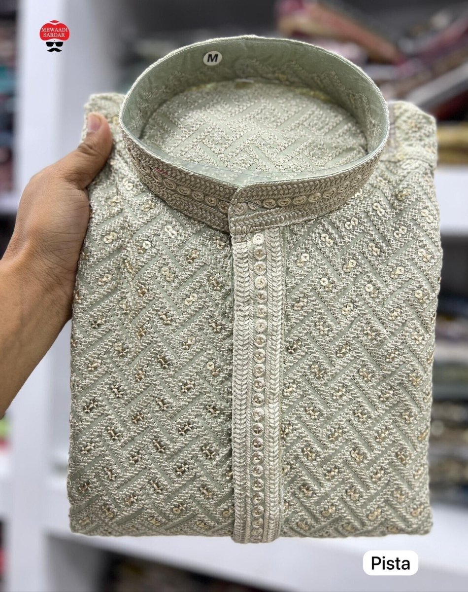 Indian Party Wear Long Ethnic Men's Designer Chikankari Work Kurta Pajama Set - 001FASHIONFORWARD