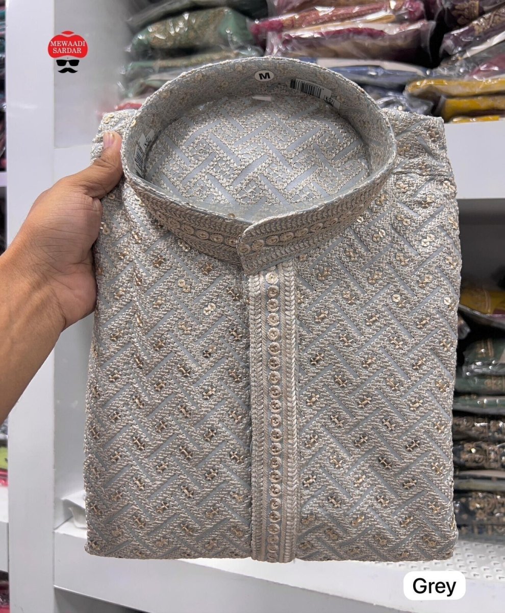 Indian Party Wear Long Ethnic Men's Designer Chikankari Work Kurta Pajama Set - 001FASHIONFORWARD