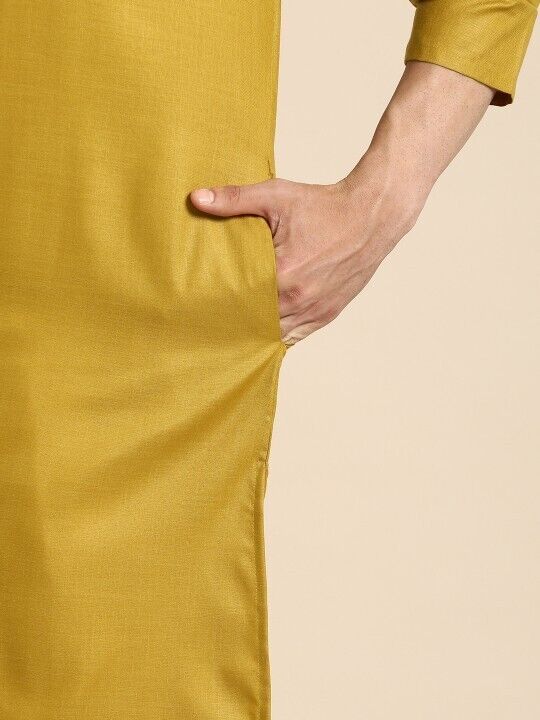 Indian Party Wear Pure Cotton Men’s long Shirt Kurta Pajama Kurta Mustard Y - 001FASHIONFORWARD