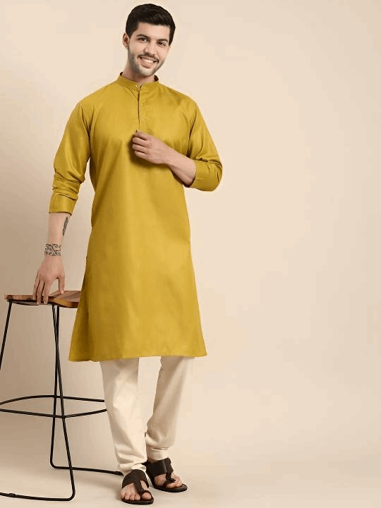 Indian Party Wear Pure Cotton Men’s long Shirt Kurta Pajama Kurta Mustard Y - 001FASHIONFORWARD