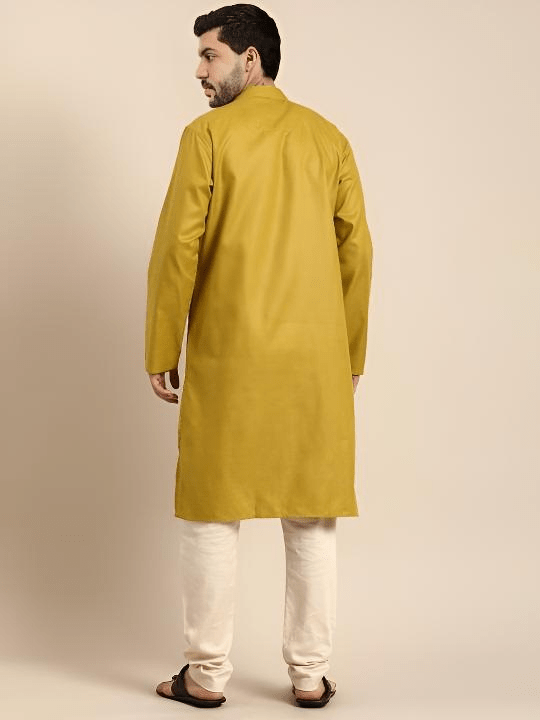 Indian Party Wear Pure Cotton Men’s long Shirt Kurta Pajama Kurta Mustard Y - 001FASHIONFORWARD