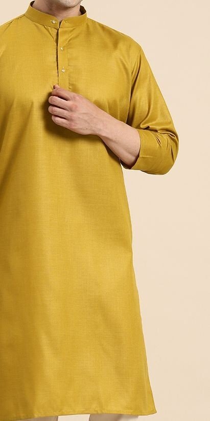 Indian Party Wear Pure Cotton Men’s long Shirt Kurta Pajama Kurta Mustard Y - 001FASHIONFORWARD