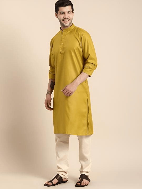 Indian Party Wear Pure Cotton Men’s long Shirt Kurta Pajama Kurta Mustard Y - 001FASHIONFORWARD