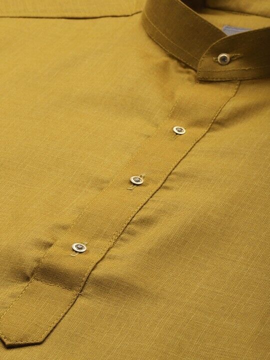 Indian Party Wear Pure Cotton Men’s long Shirt Kurta Pajama Kurta Mustard Y - 001FASHIONFORWARD