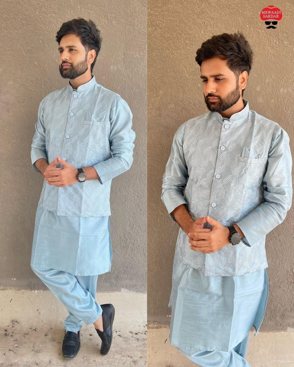 Indian Pure 100% Silk Kurta Pajama Long Wedding Wear Fancy Kurta Pajama Koti - 001FASHIONFORWARD