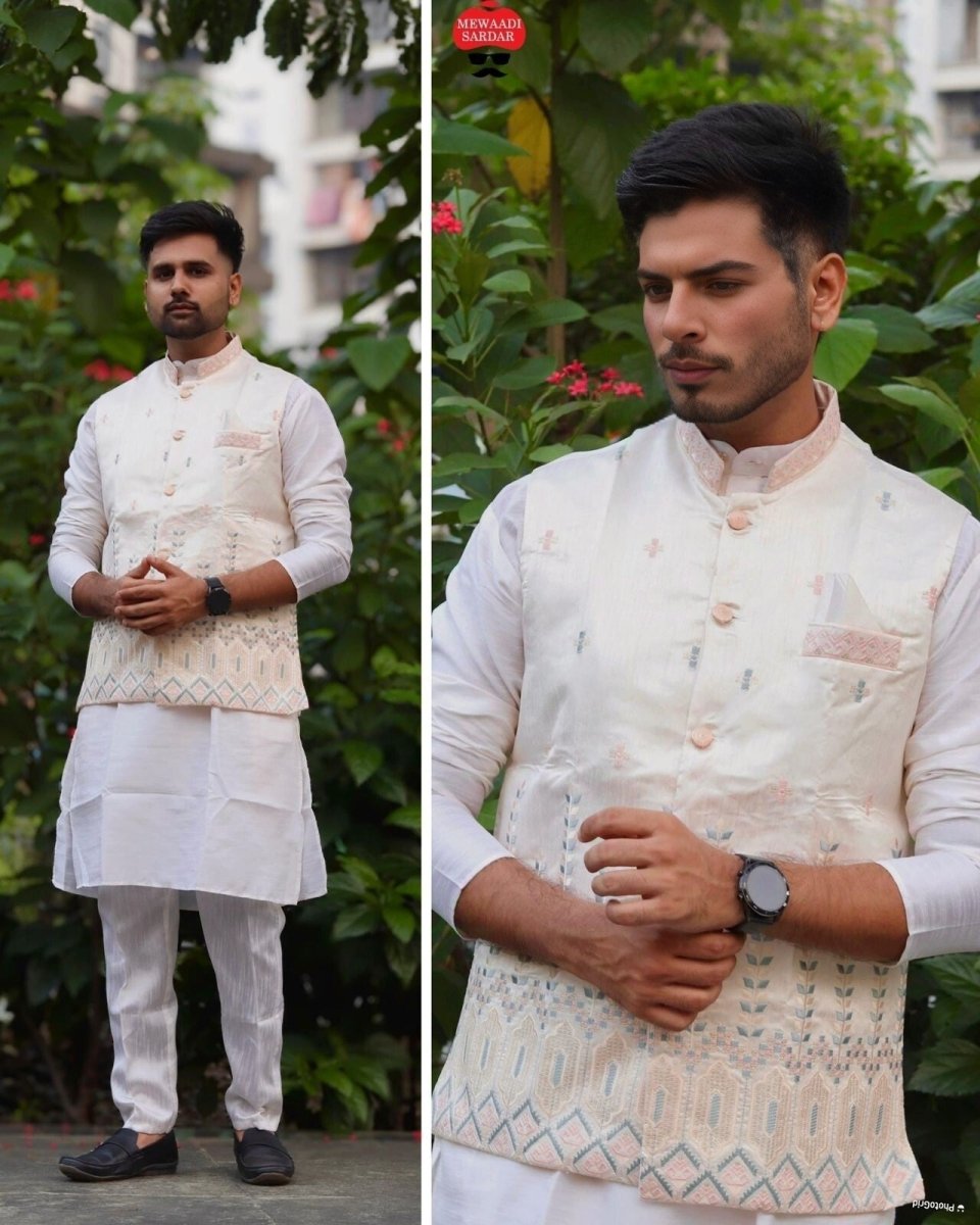 Indian Pure 100% Silk Kurta Pajama Long Wedding Wear Fancy Kurta Pajama Koti - 001FASHIONFORWARD