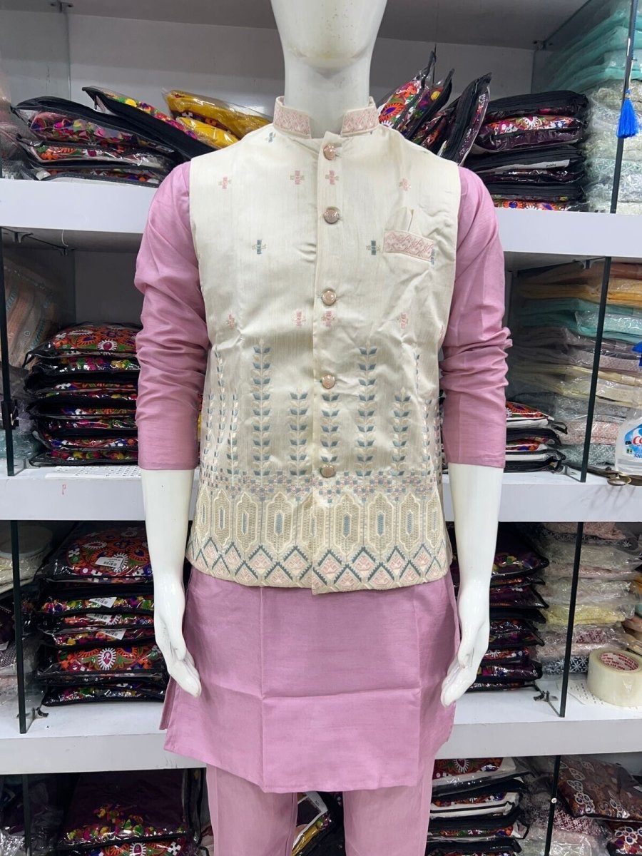 Indian Pure 100% Silk Kurta Pajama Long Wedding Wear Fancy Kurta Pajama Koti - 001FASHIONFORWARD