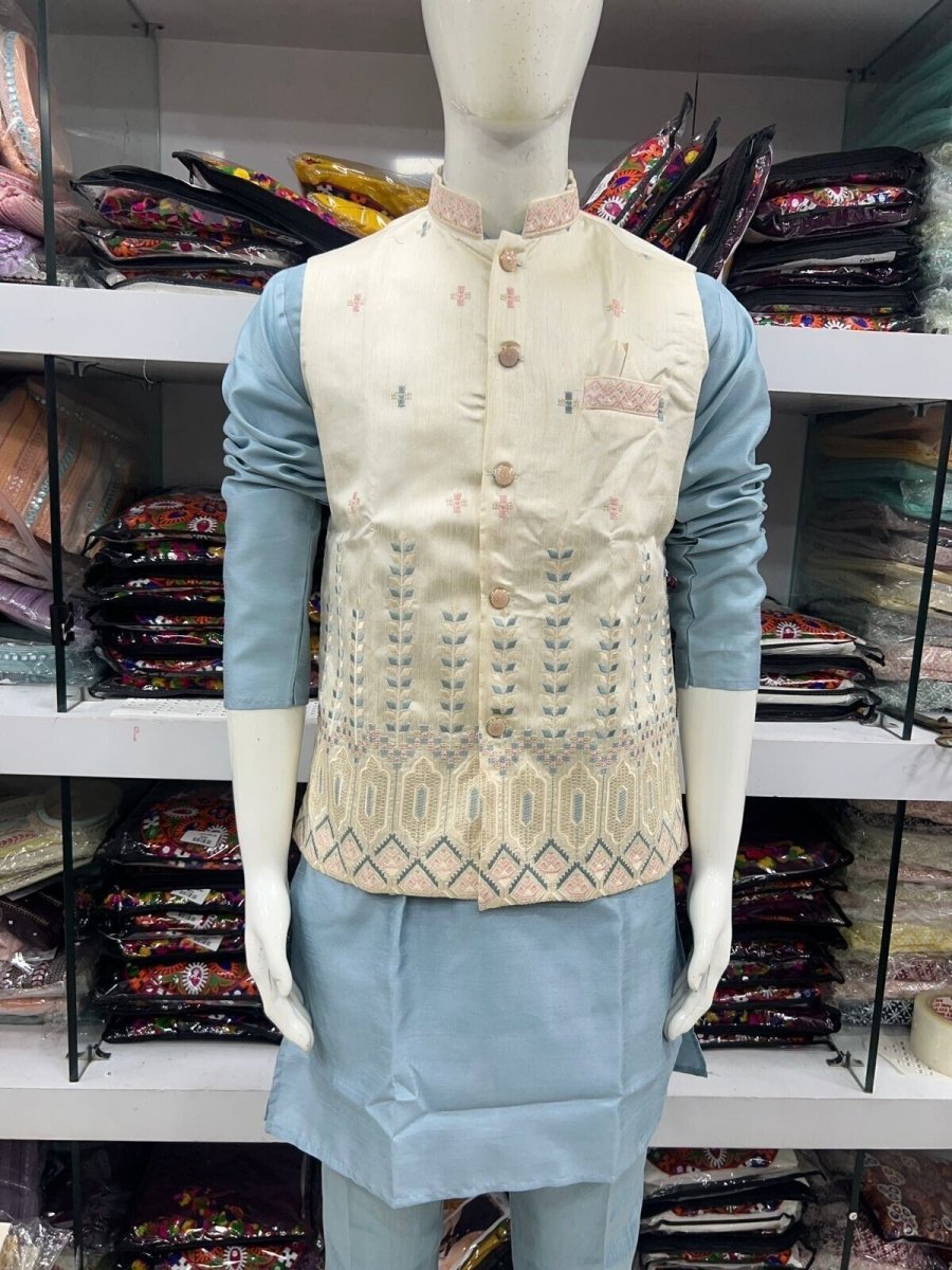 Indian Pure 100% Silk Kurta Pajama Long Wedding Wear Fancy Kurta Pajama Koti - 001FASHIONFORWARD