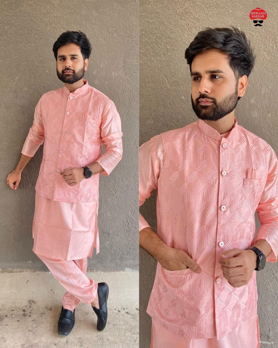 Indian Pure 100% Silk Kurta Pajama Long Wedding Wear Fancy Kurta Pajama Koti - 001FASHIONFORWARD