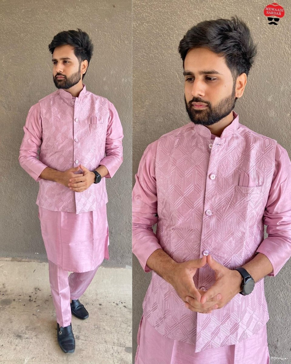 Indian Pure 100% Silk Kurta Pajama Long Wedding Wear Fancy Kurta Pajama Koti - 001FASHIONFORWARD