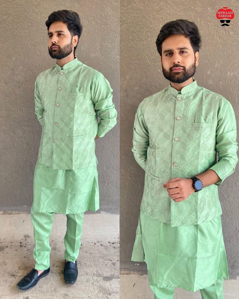 Indian Pure 100% Silk Kurta Pajama Long Wedding Wear Fancy Kurta Pajama Koti - 001FASHIONFORWARD