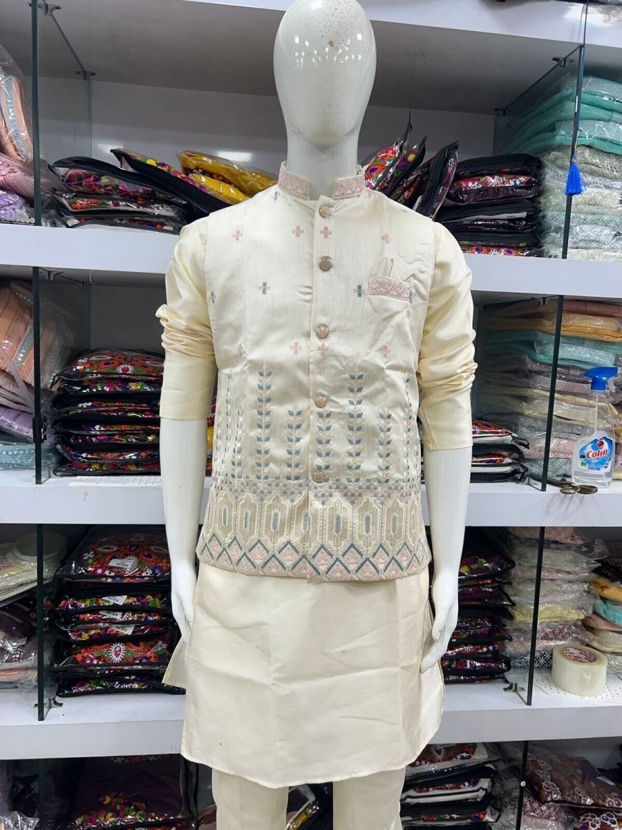 Indian Pure 100% Silk Kurta Pajama Long Wedding Wear Fancy Kurta Pajama Koti - 001FASHIONFORWARD