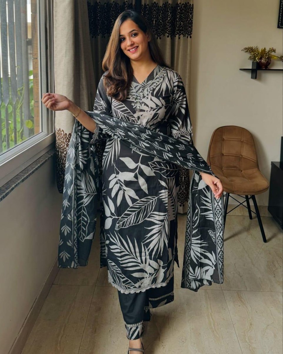 Indian Women Indian Pakistani Salwar Kameez Set – Cotton Kurti, Pant & Dupatta - 001FASHIONFORWARD