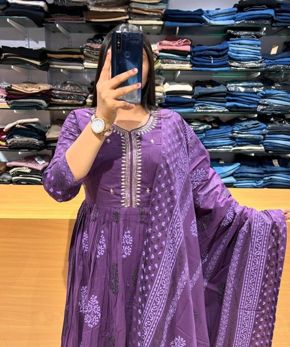 Indian Women Purple Cotton Floral Printed Anarkali Flared Kurta Kurti Long Dress - 001FASHIONFORWARD