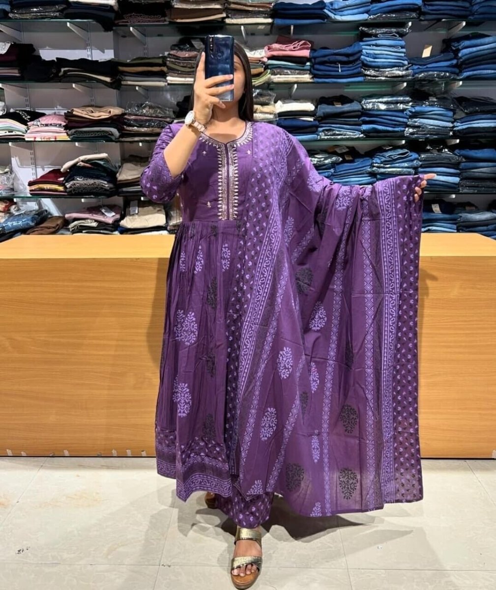 Indian Women Purple Cotton Floral Printed Anarkali Flared Kurta Kurti Long Dress - 001FASHIONFORWARD