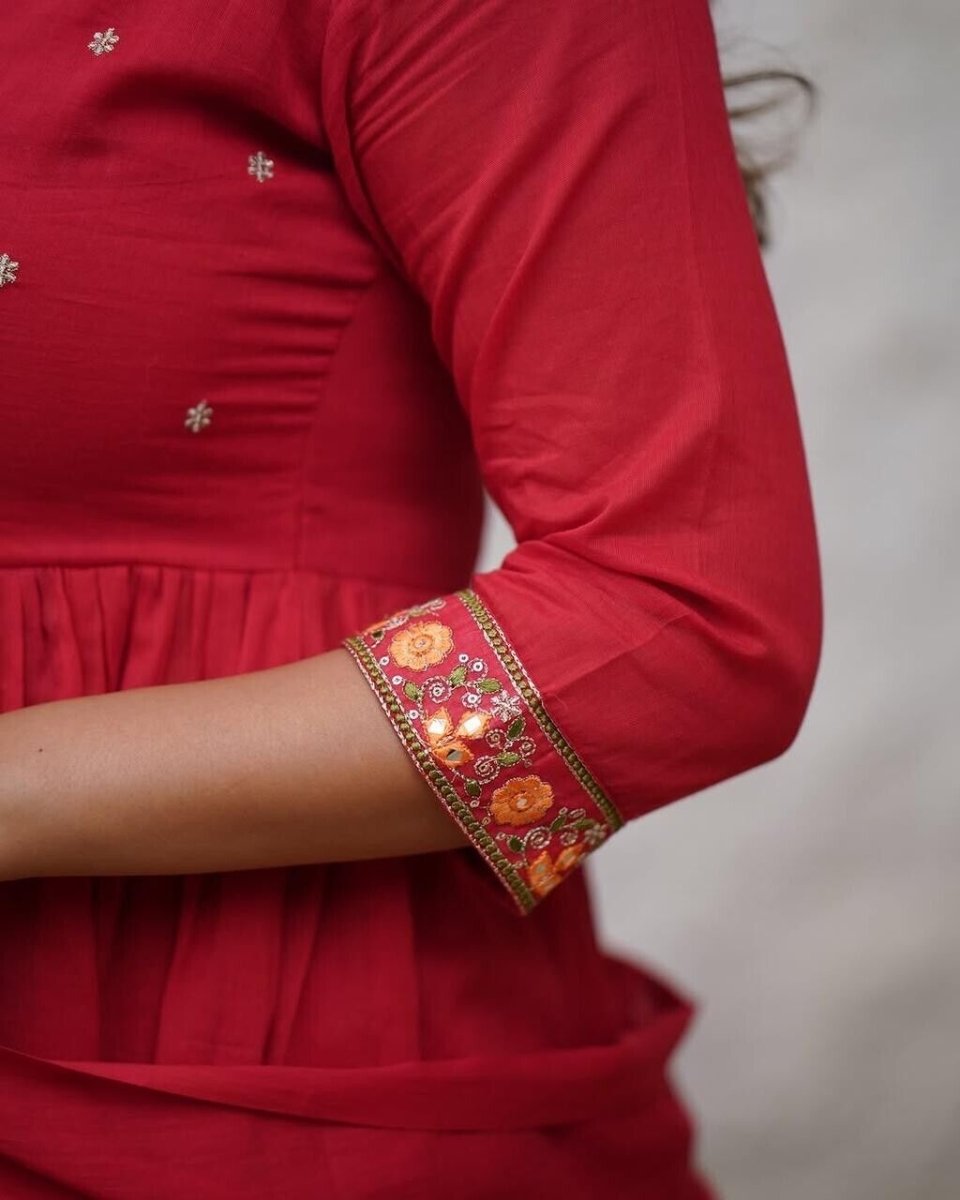 Indian Women Red Cotton Floral Printed Anarkali Flared Kurta Kurti Long Dress - 001FASHIONFORWARD