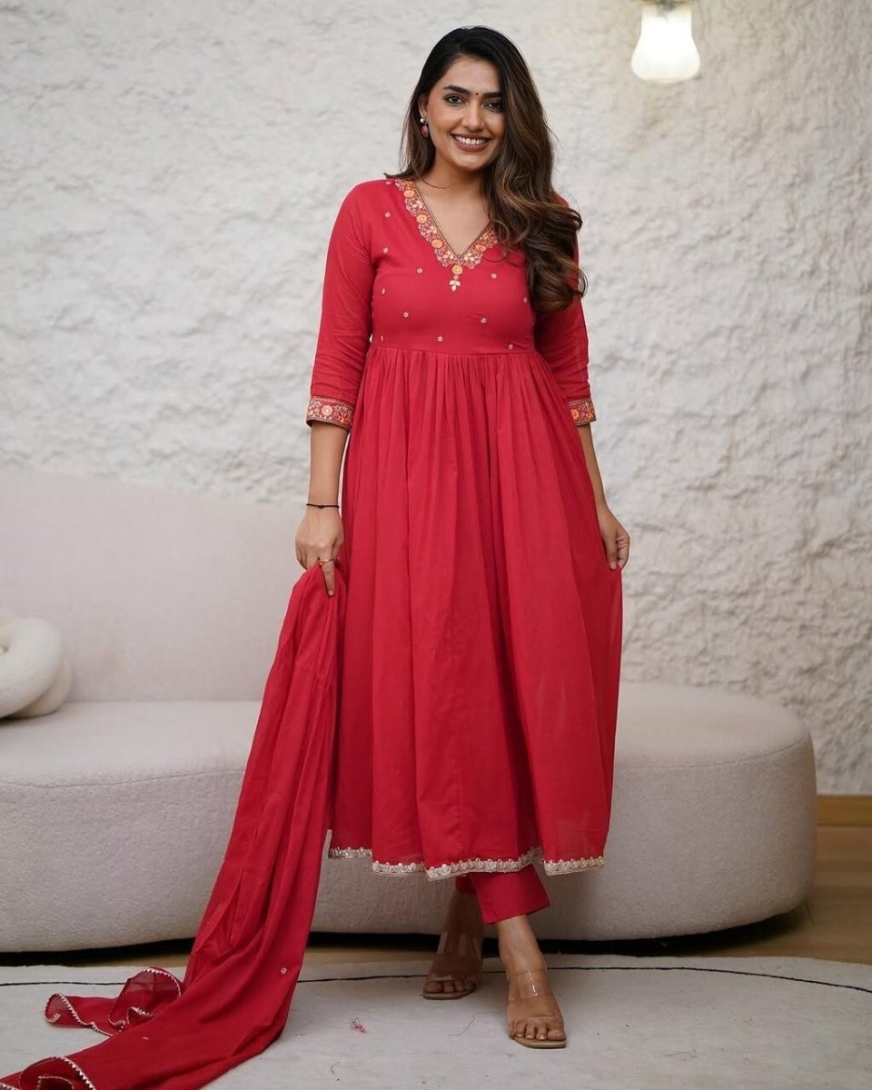 Indian Women Red Cotton Floral Printed Anarkali Flared Kurta Kurti Long Dress - 001FASHIONFORWARD