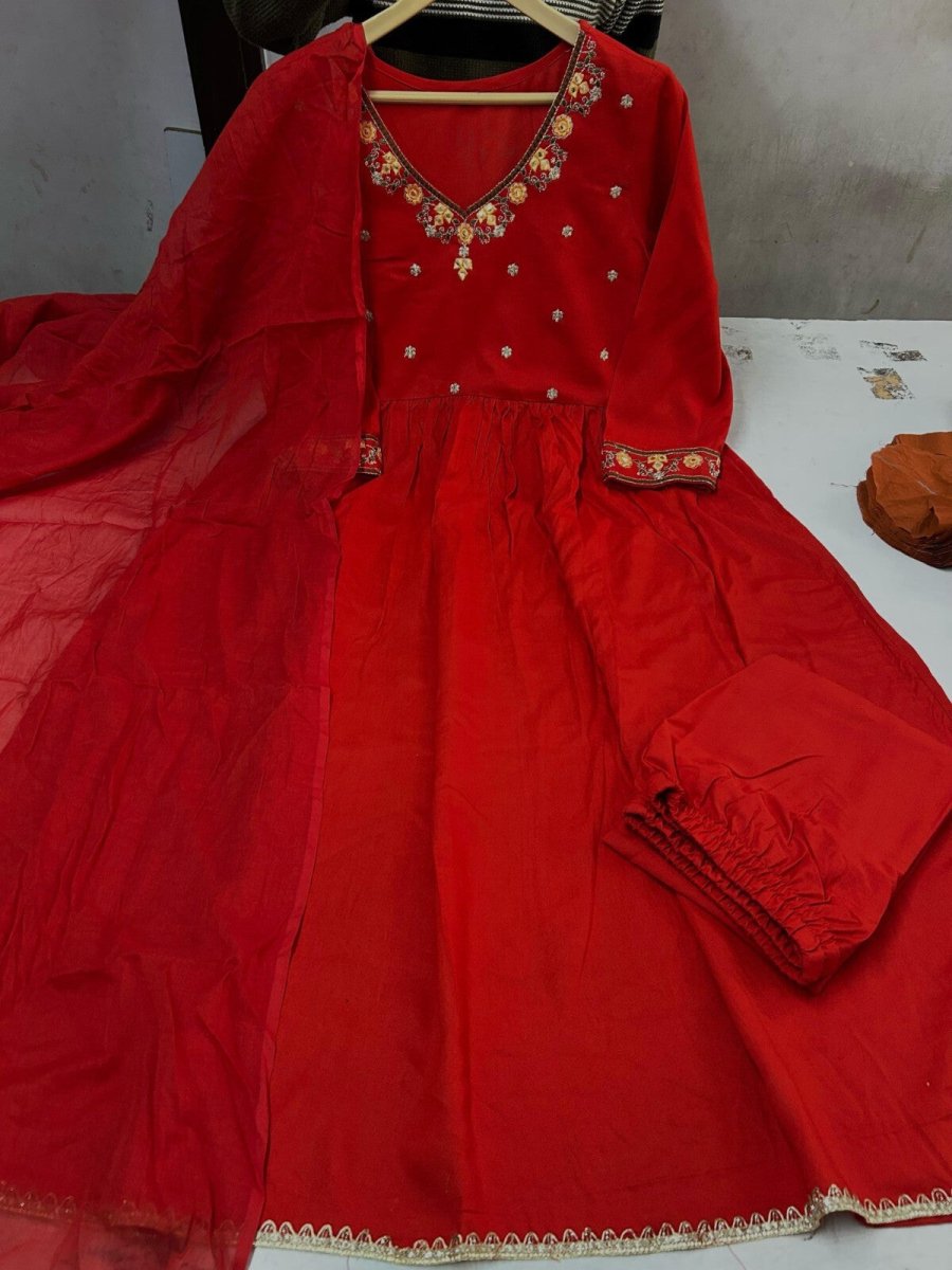 Indian Women Red Cotton Floral Printed Anarkali Flared Kurta Kurti Long Dress - 001FASHIONFORWARD