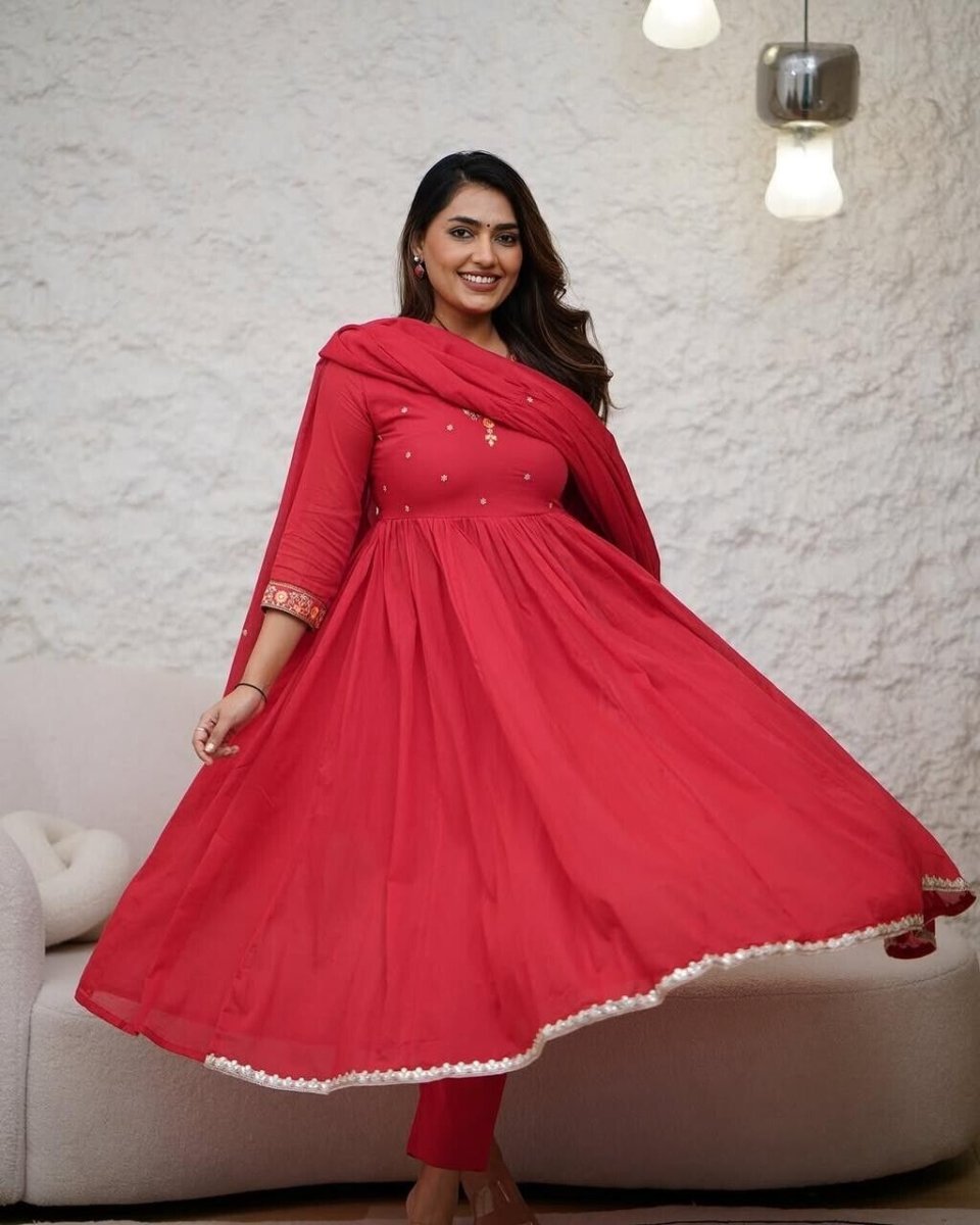 Indian Women Red Cotton Floral Printed Anarkali Flared Kurta Kurti Long Dress - 001FASHIONFORWARD