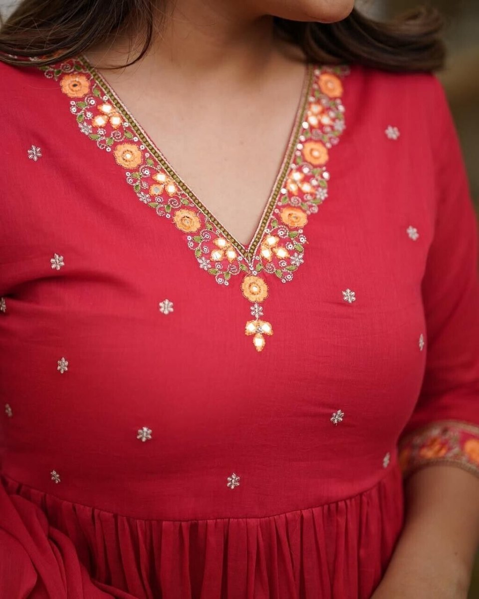 Indian Women Red Cotton Floral Printed Anarkali Flared Kurta Kurti Long Dress - 001FASHIONFORWARD