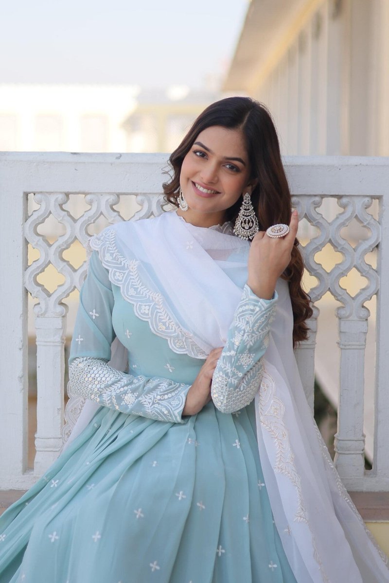 Long Georgette zari Designer Indian Partywear Wedding Anarkali Gown Women - 001FASHIONFORWARD