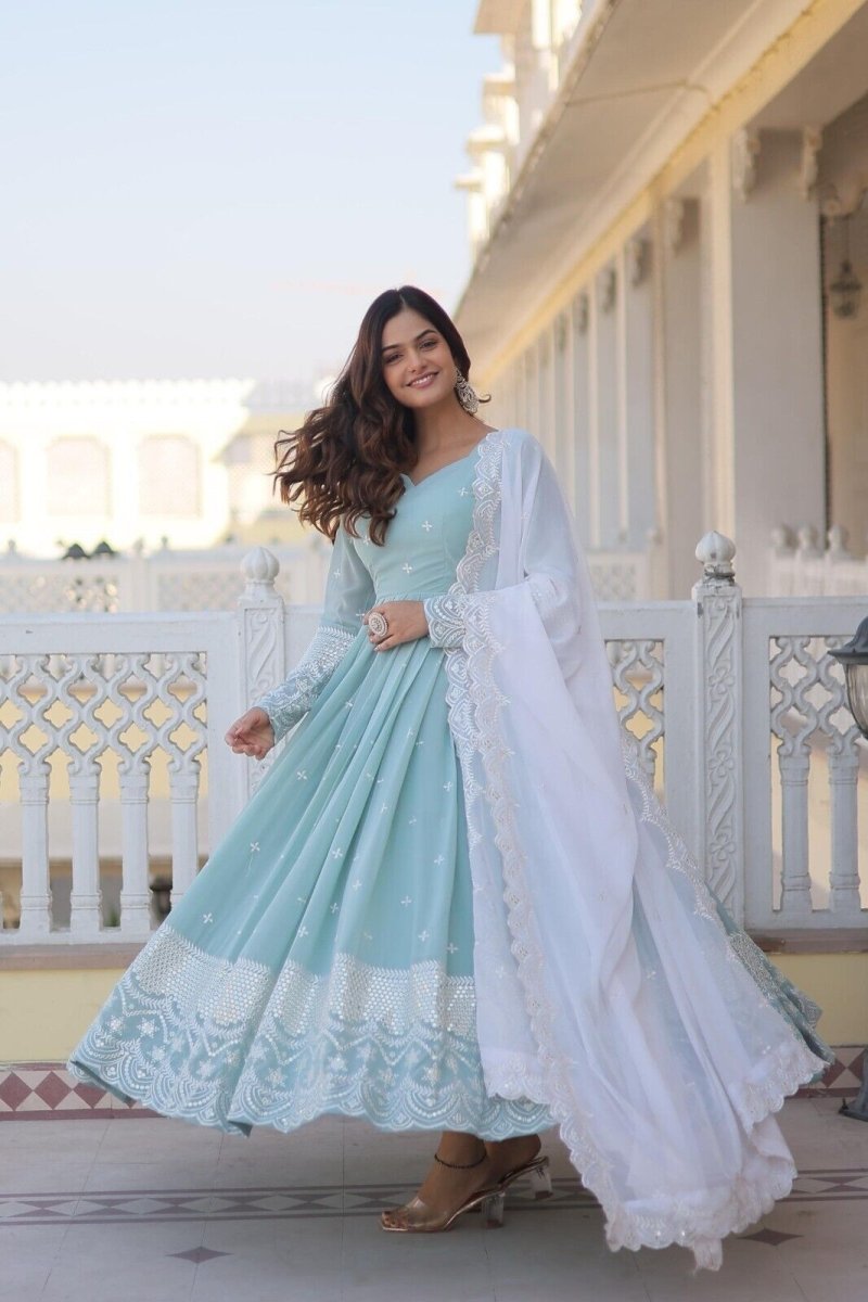 Long Georgette zari Designer Indian Partywear Wedding Anarkali Gown Women - 001FASHIONFORWARD