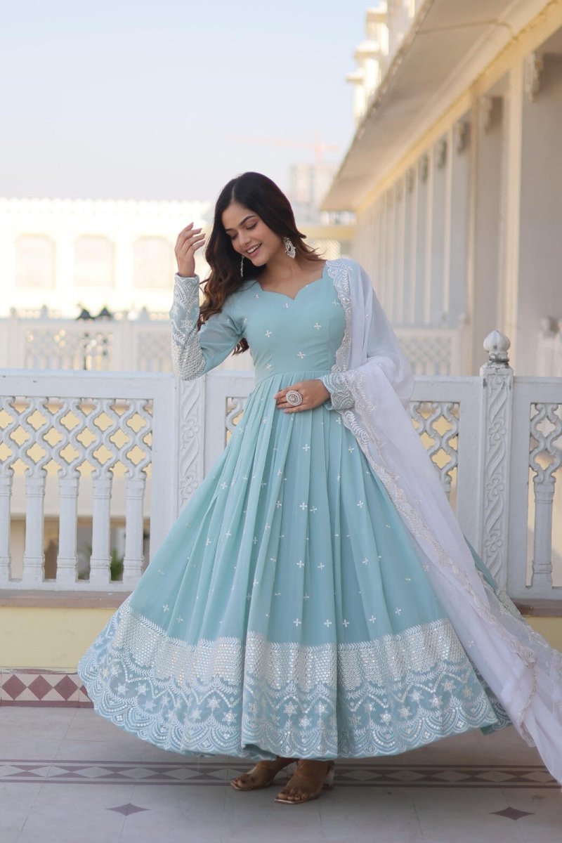 Long Georgette zari Designer Indian Partywear Wedding Anarkali Gown Women - 001FASHIONFORWARD