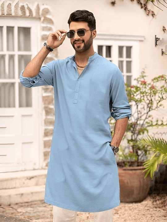 Long Men’s Pakistani Shirt 100% Cotton Traditional Tunic Solid Plain Men's Kurta - 001FASHIONFORWARD