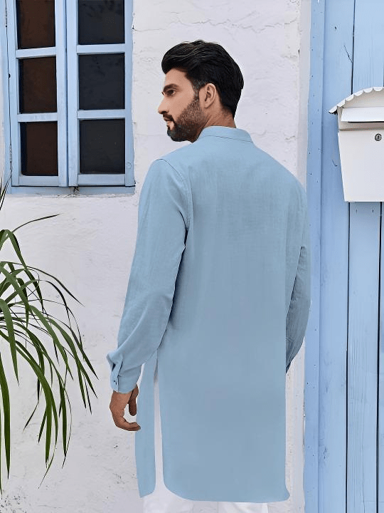 Long Men’s Pakistani Shirt 100% Cotton Traditional Tunic Solid Plain Men's Kurta - 001FASHIONFORWARD