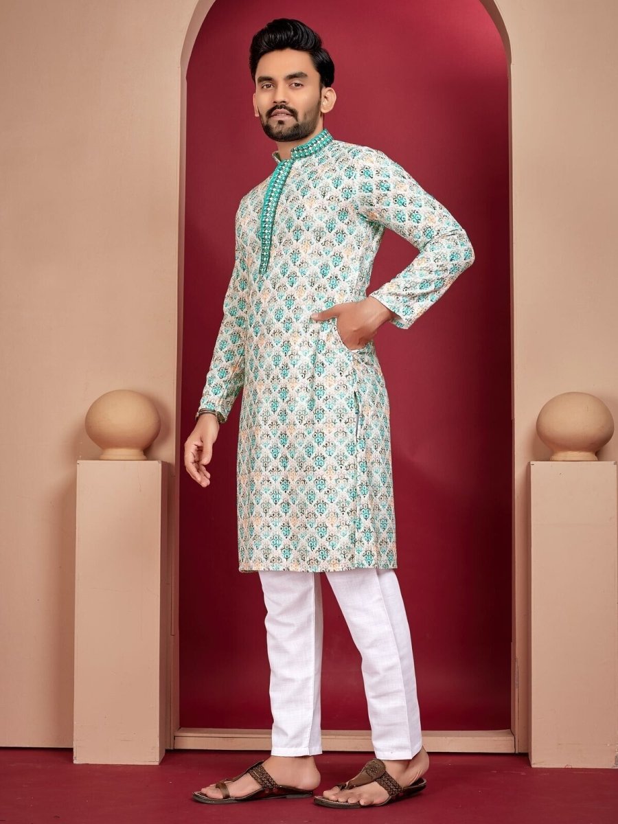 Lucknowi Work With Digital Print Silk Long Kurta Cotton Pajama Wedding Indian - 001FASHIONFORWARD