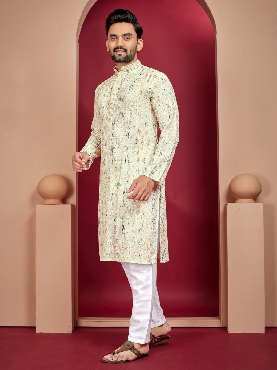 Lucknowi Work With Digital Print Silk Long Kurta Cotton Pajama Wedding Indian - 001FASHIONFORWARD