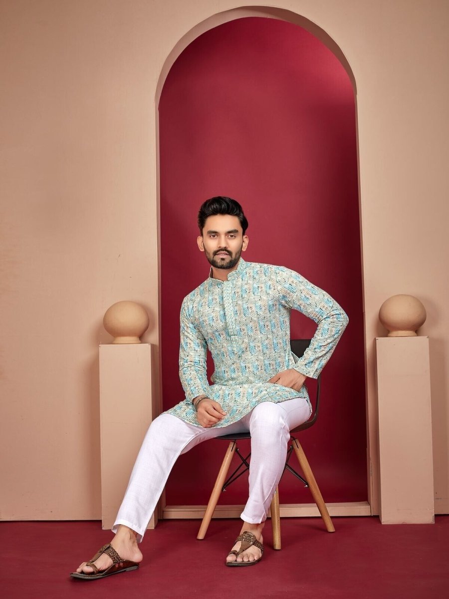 Lucknowi Work With Digital Print Silk Long Kurta Cotton Pajama Wedding Indian - 001FASHIONFORWARD