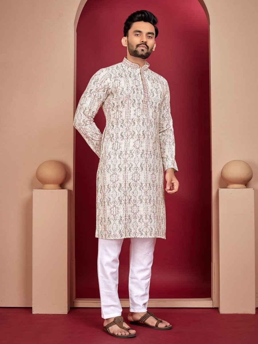 Lucknowi Work With Digital Print Silk Long Kurta Cotton Pajama Wedding Indian - 001FASHIONFORWARD