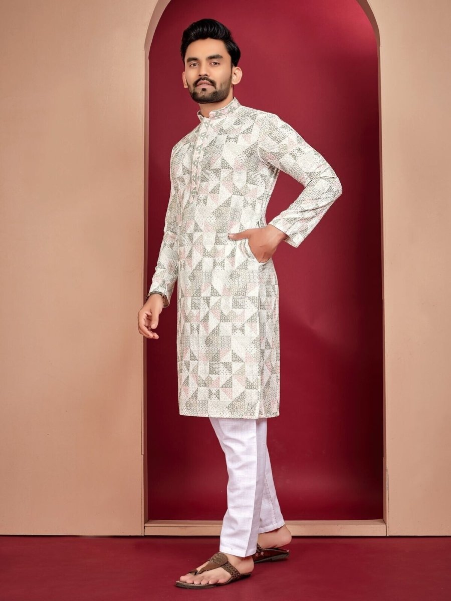Lucknowi Work With Digital Print Silk Long Kurta Cotton Pajama Wedding Indian - 001FASHIONFORWARD