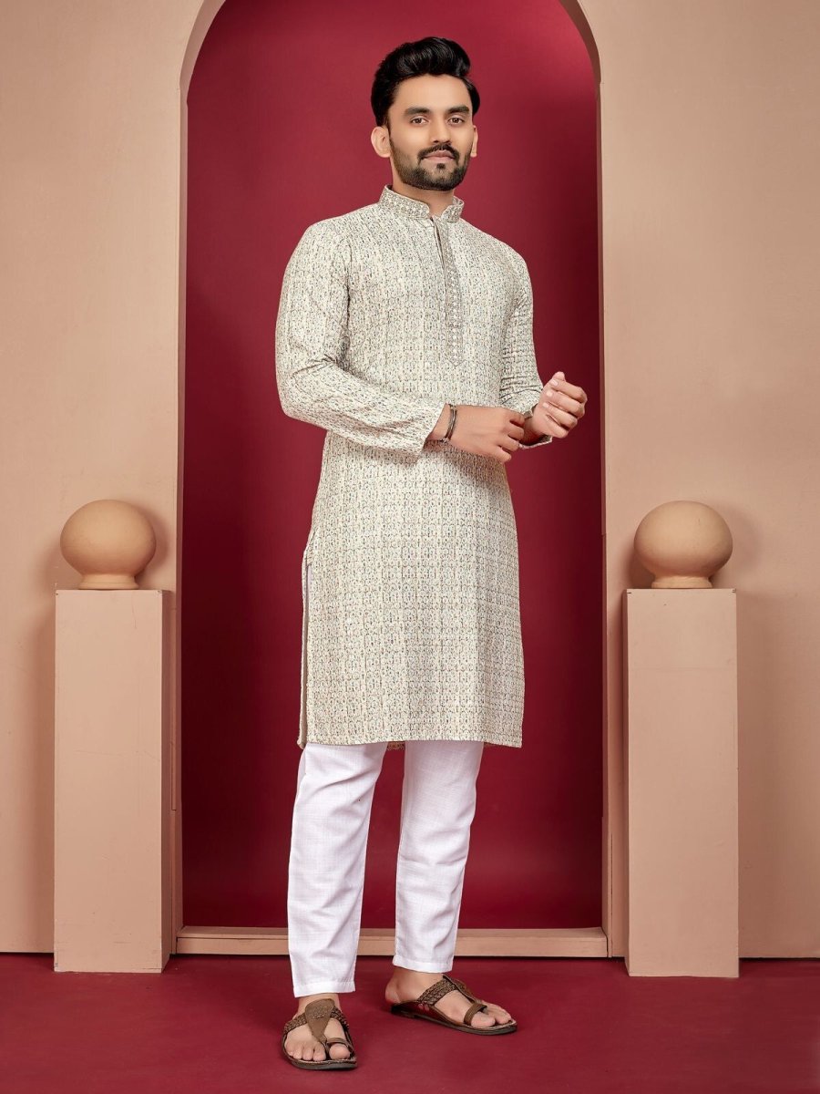 Lucknowi Work With Digital Print Silk Long Kurta Cotton Pajama Wedding Indian - 001FASHIONFORWARD