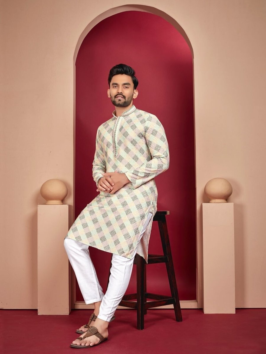 Lucknowi Work With Digital Print Silk Long Kurta Cotton Pajama Wedding Indian - 001FASHIONFORWARD