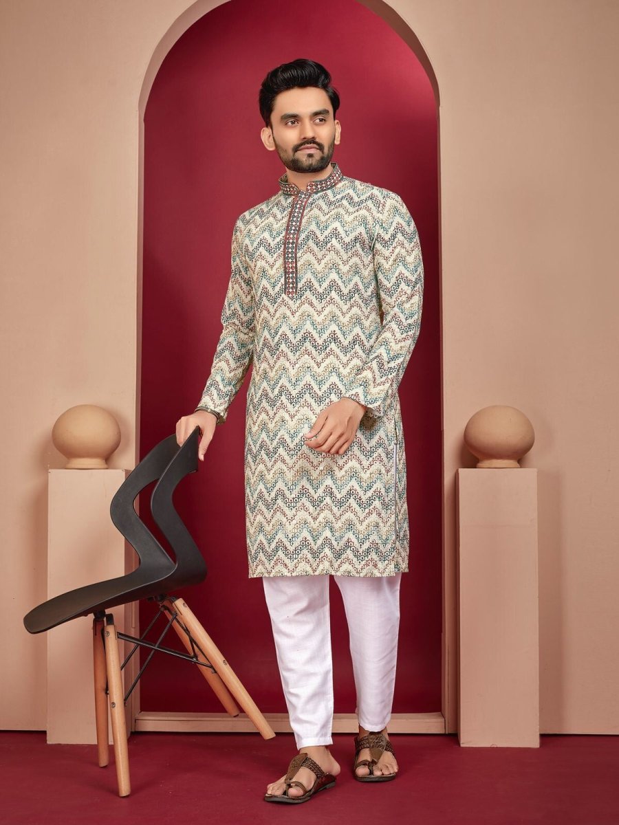 Lucknowi Work With Digital Print Silk Long Kurta Cotton Pajama Wedding Indian - 001FASHIONFORWARD