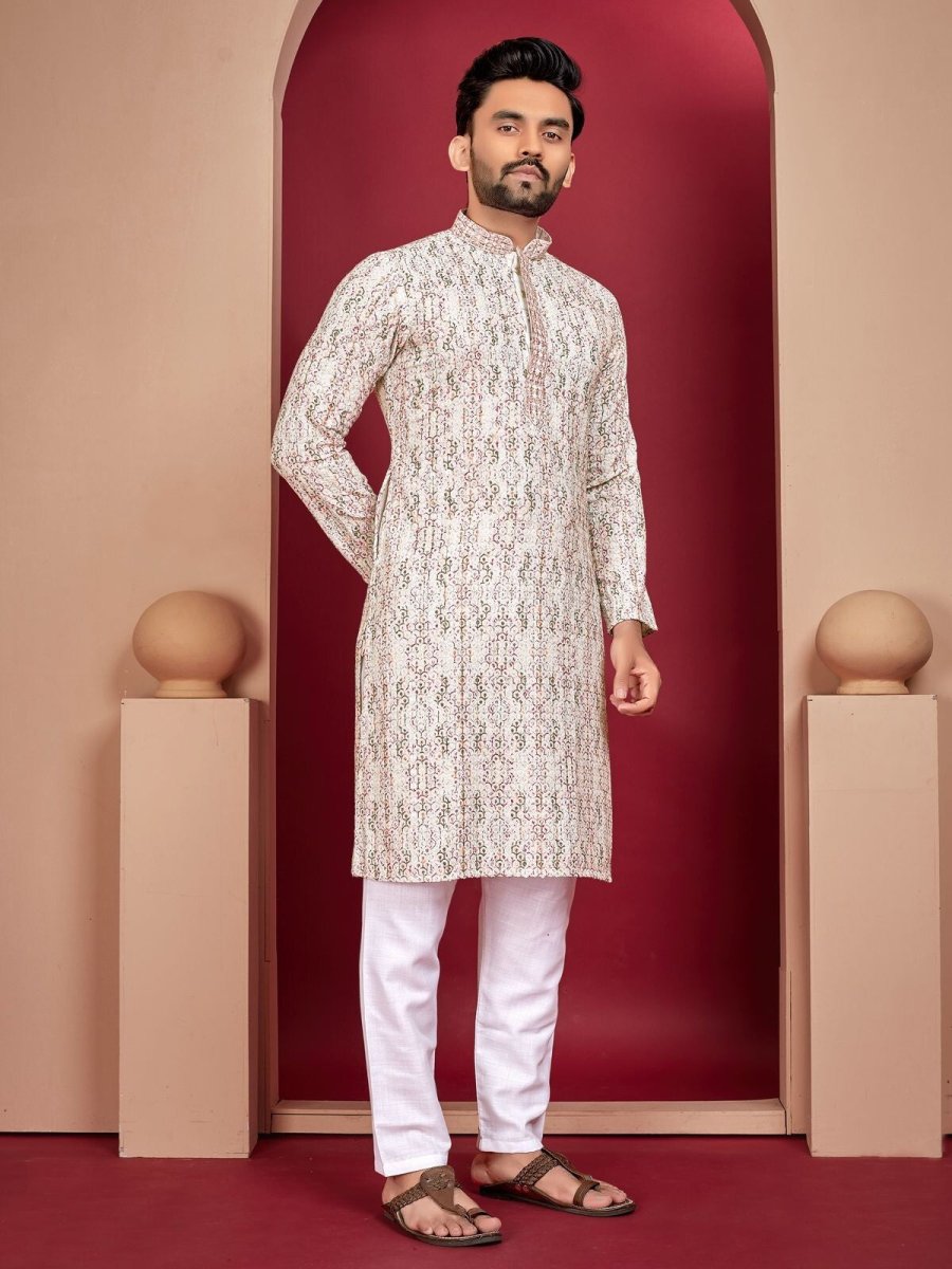 Lucknowi Work With Digital Print Silk Long Kurta Cotton Pajama Wedding Indian - 001FASHIONFORWARD