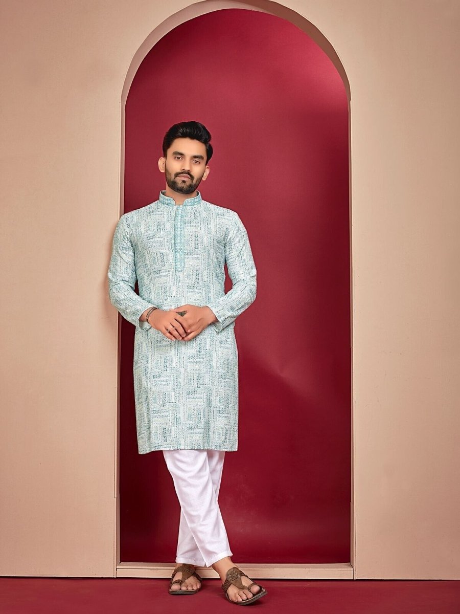 Lucknowi Work With Digital Print Silk Long Kurta Cotton Pajama Wedding Indian - 001FASHIONFORWARD