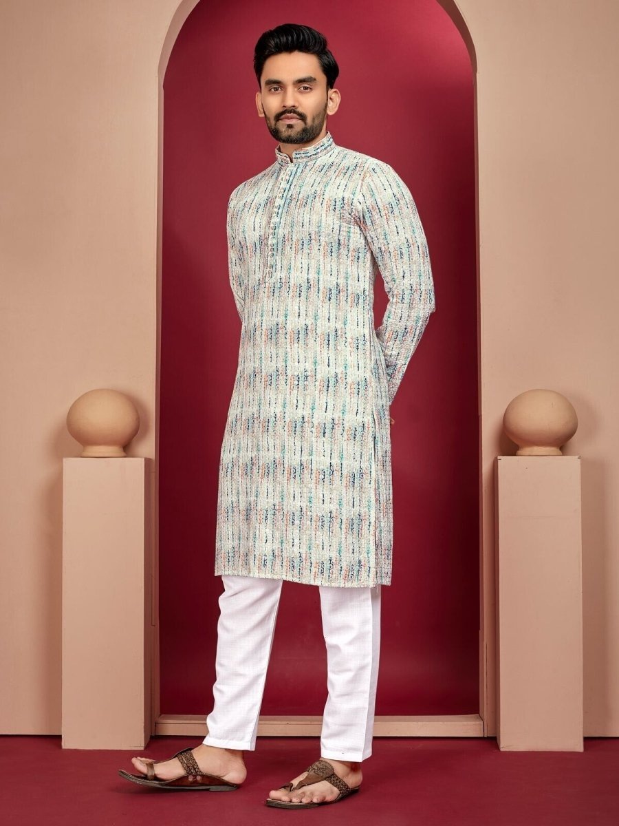 Lucknowi Work With Digital Print Silk Long Kurta Cotton Pajama Wedding Indian - 001FASHIONFORWARD